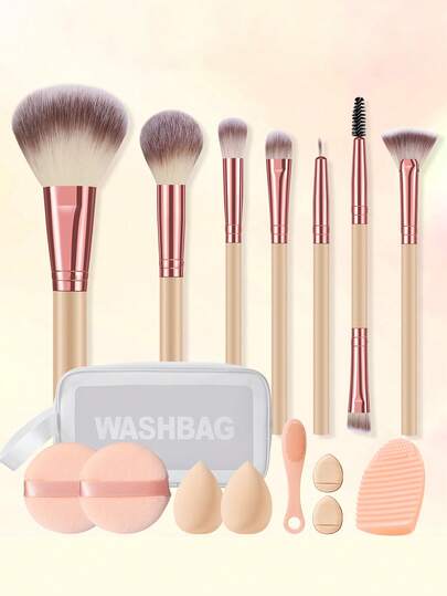 16件套专业化妆刷和美妆蛋套装：包含7支化妆刷（散粉刷、腮红刷、高光刷和眼影刷）+ 4个便携式美妆蛋（拇指形和圆形）+ 2个超柔软不吸水美妆蛋 + 化妆刷清洁碗。附赠一个印花便携收纳袋和一个手持式黑头导出器——一套完整的化妆工具。