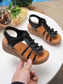 1 Pair Girls' Summer Roman Sandals, Fashionable Minimalist Hook And Loop Strap Solid Color Casual Thick Sole Non-Slip Open Toe Wedge Sandals - Black - View 4