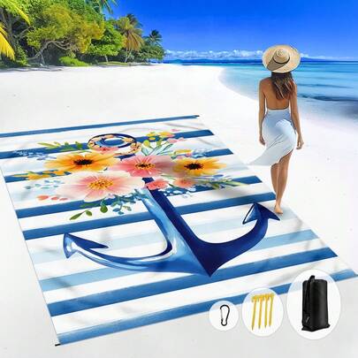 1pc 185*235CM Blue Striped Anchor & Floral Pattern Waterproof Anti-Sand Beach Blanket, Suitable For 2-3 People Leisure Beach Vacation, Lightweight Thin Outdoor Camping Picnic Mat