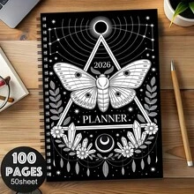 Sổ kế hoạch xoắn ốc thiên thể 2026-2028 - Lịch âm lịch phong cách Gothic, sổ kế hoạch tùy chỉnh 2 năm với bố cục hàng tháng và hàng tuần, thiết kế đen trắng trang nhã với điểm nhấn vàng và xám - Sổ kế hoạch nhỏ gọn dành cho người lớn, thích hợp cho việc ghi nhật ký theo phương pháp Bullet Journal, văn phòng hoặc làm quà tặng - Gáy xoắn ốc, bìa họa tiết bướm đêm và thực vật bí ẩn, sổ kế hoạch có ngày tháng với hình ảnh các vì sao và chu kỳ mặt trăng. - A5 - Xem 7