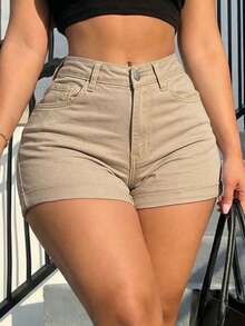 夏季休闲女式梭织面料短裤，拉链设计，直筒裤型 - 卡其色 - 查看 2