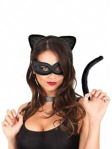 黑猫服装配饰，猫女风格，闪亮舞会猫面具，万圣节成人猫耳尾巴套装，配水钻项圈 - 黑色 - 查看 2