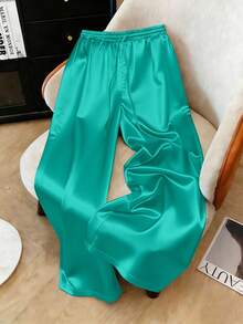 1pc Solid Color Woven Fabric Drawstring Pants, Suitable For Holiday, School, Party, Airport, Stage Performance, Autumn/Winter With Shiny Finish Spring - Mint Blue - View 3