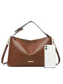 新款女士编织纹理PU斜挎包，可作单肩包或手提包使用，适合日常通勤、旅行和购物，用途广泛。 - 咖啡 - 查看 3