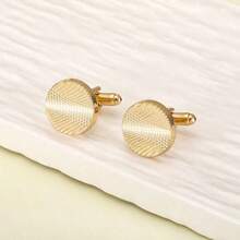 1 Pair 2pcs Gold Tone Round Zinc Alloy Men's Shirt Cufflinks, Striped Formal Cuff Links Suitable For All Seasons, Gift For Men, Friends School Elegant Casual Business Wedding Season Gift For Groom & Groomsmen - 金色 - 查看 2