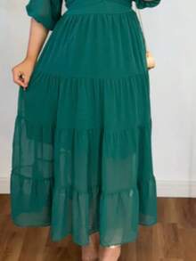Elegant Women's Midi Dress With A Crossed V-Neck And Tie Detail, Featuring 3/4 Sleeves - 墨綠色 - 查看 2