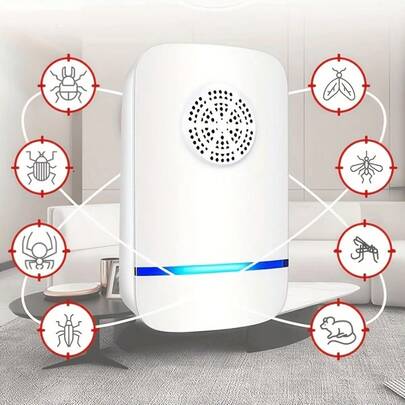超声波智能变频驱虫器，ABS外壳，物理驱虫，低功耗，静音低噪音，驱赶多种害虫，适用于家庭、厨房、办公室、酒店、仓库等场所，有效控制室内害虫、蚊子和老鼠。