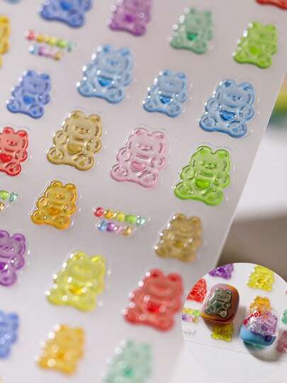 Pegatinas de osos de colores, calcomanías de arte de uñas con respaldo adhesivo, adecuadas para decoración de uñas