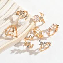 7件套山茶花戒指套装，小众奢华高端水钻心形和蝴蝶戒指，适合女性日常佩戴或作为礼物 - 金色 - 查看 3