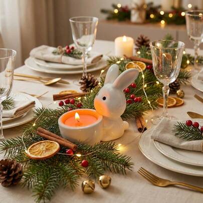 1个迷你陶瓷兔子烛台，创意卡通3D动物主题圆形碟形烛台，派对装饰，家居聚会装饰，适合节日、庆典、家庭聚会，可爱礼物