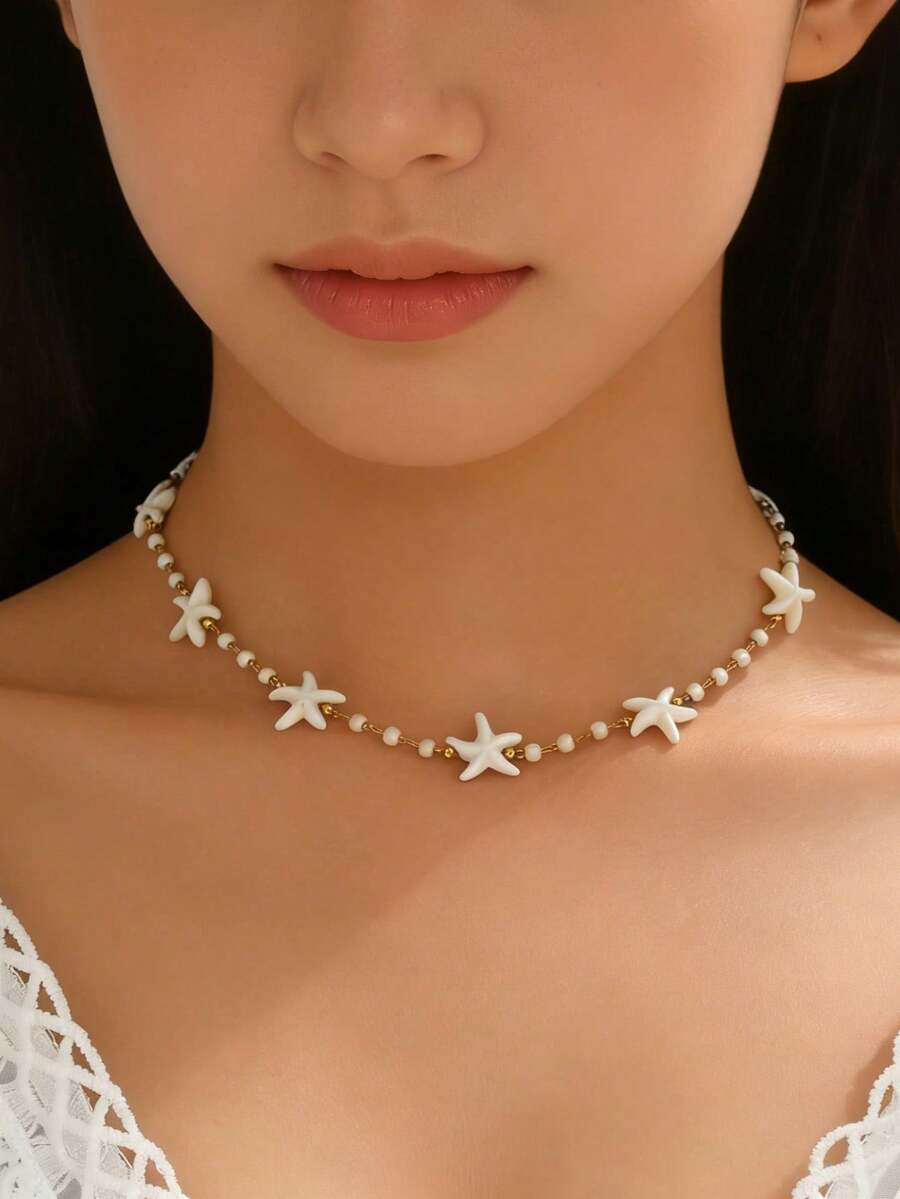 1 chiếc vòng cổ hình sao biển và hạt cườm phong cách đại dương sáng tạo, thích hợp để đeo hàng ngày, dự tiệc bãi biển, lễ hội âm nhạc. Dây chuyền thủ công có thể điều chỉnh độ dài, số lượng sao biển và hạt cườm ngẫu nhiên. - trắng - Xem 1