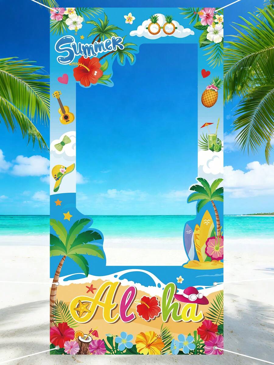 1个夏威夷草裙舞主题乙烯基相框，夏威夷草裙舞主题拍照道具，夏季海滩派对背景，夏威夷热带派对装饰，夏季海滩派对背景装饰，阿罗哈派对用品，火烈鸟派对装饰，夏季装饰，节日派对用品，夏季派对礼品 - 多色 - 查看 1
