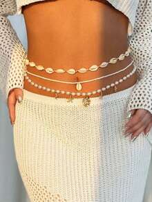 3pcs Multilayer Bohemian Beach Style Pearl Starfish Beaded Waist Chain, Beach Body Jewelry Chain For Women - Multicolor - View 3