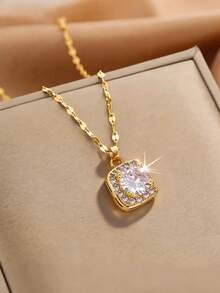A Super Sparkly Square Full-Diamond Cubic Zirconia Pendant Necklace For Women - Multicolor - View 3