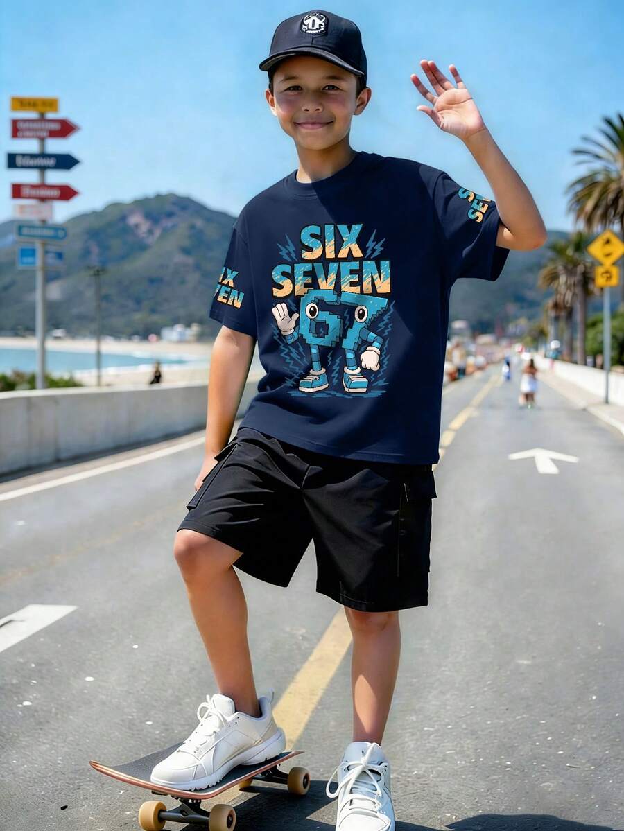 青少年男孩“67”和“SIX SEVEN”字母印花圆领短袖T恤+卡其裤夏季新款套装 - 彩色 - 查看 1