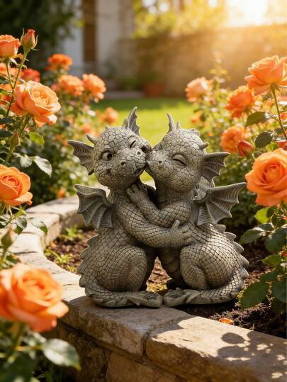 Loving Dragon Couple Garden Statue – Romantic Resin Dragon Sculpture For Yard & Patio | Whimsical Mythical Creature Decor For Flower Bed & Lawn | Durable Handcrafted Ornament For Outdoor & Home Decoration Garden Decor, Patio Accent, Flower Bed Decoration, Yard Ornament