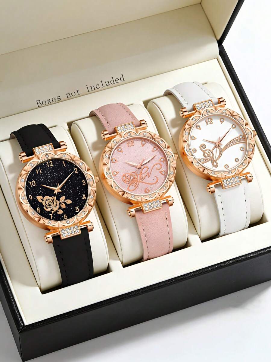 Set Jam Tangan Quartz Wanita 3/2/1 buah, Dial Vintage Bertabur Berlian Imitasi yang Elegan & Mewah, Cocok untuk Pemakaian Sehari-hari, Dekorasi Pesta, atau Hadiah Liburan untuk Teman dan Ibu - MultiWarna - View 1