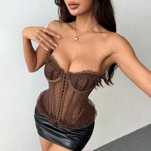 Women's Polka Dot Lace Corset Top With Front Button Closure & Tie-Front Straps, Black/White/Apricot/Brown Strapless Bustier With Built-In Underwire, Removable Pads & Visible Boning, Street-Ready Hot Girl Style For Parties, Daily Wear & Layering - 杏色 - 查看 5