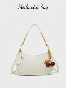 The New Fashion Classic Wild Letter Pattern Decoration Design Solid Color Pu Waterproof Fabric Shoulder Crescent Bag Underarm Bag Is Suitable For Shopping And Can Be Slung. - 白色 - 查看 1