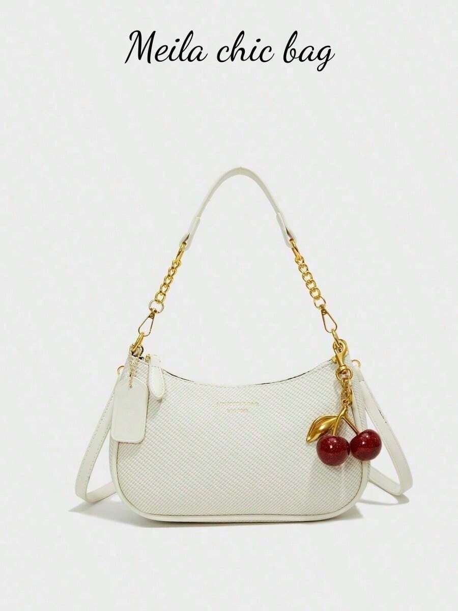 The New Fashion Classic Wild Letter Pattern Decoration Design Solid Color Pu Waterproof Fabric Shoulder Crescent Bag Underarm Bag Is Suitable For Shopping And Can Be Slung. - 白色 - 查看 1