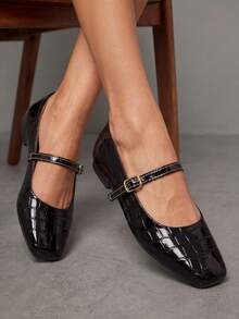 Women's Black Crocodile Patent Square Toe Pumps - Black - View 2