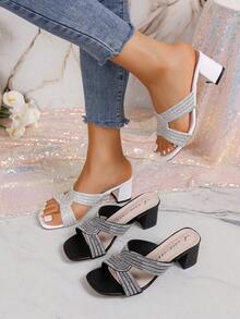 Glitter Decor Thick Sole High Heel Sandals - Girls' Chunky Heel Party Sandals - White - View 8