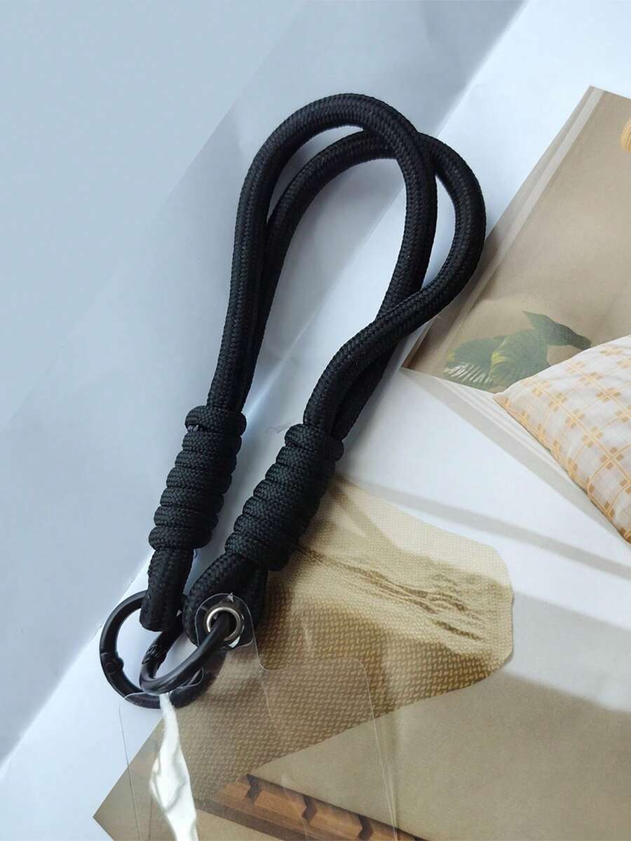 黑色合金编织挂绳尼龙手机壳,带可拆卸腕带、钥匙扣、耳机线和USB接口,流行设计,春季礼物 - 黑色 - 查看 1