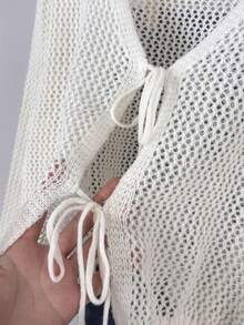 Wixra Spring/Summer New V-Neck Tie Hollow Out Knit Cover Up, Women Loose Short Cover Up - Apricot - View 6