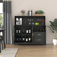 Mueble para bar de vinos con luz LED, clóset de café con estante para vino y soporte para vidrio, aparador de cocina con estante de almacenamiento, clóset de licor no empotrado para sala de estar, comedor,negro,blanco,gabinete de Licor para Sala de Estar - Negro - Ver 8