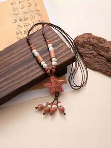 1pc Summer Dopamine Series Bohemian Colorful Beaded Starfish Necklace, Braided Rope Long Necklace Accessory, Best Gift For Valentine's Day And Beach Vacation - Multicolor - View 6