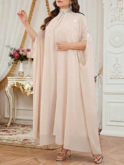 Plus Size Women's Stand Collar Solid Color 2 In 1 Splicing Open Front Chiffon Dress With Embroidery, Sequins & Beading, Elegant Maxi Length Arabic Style Dress For Banquet, Daily Wear And More Occasions