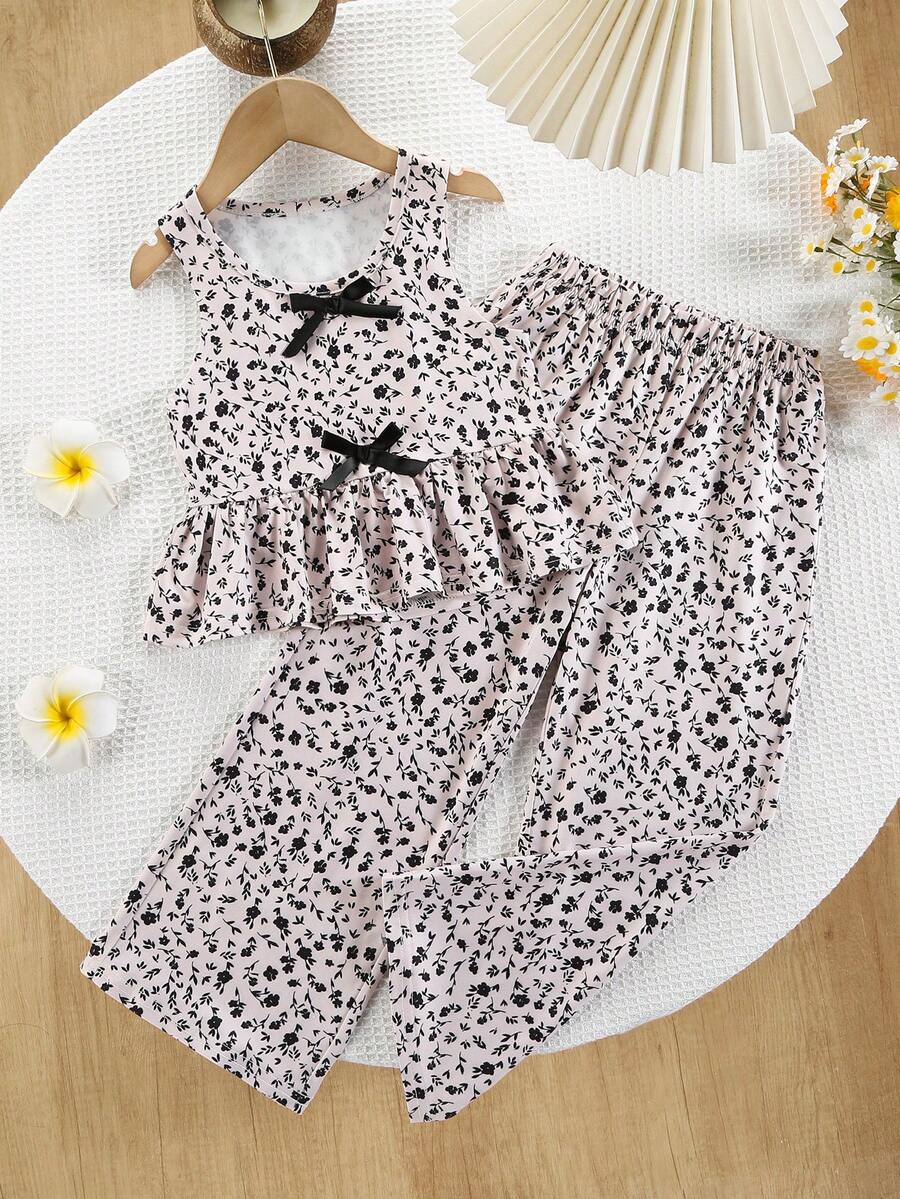 2pcs/Set Toddler Girls' Ditsy Floral Sleeveless Ruffle Hem T-Shirt Top And Wide Leg Pants Summer Outfit - Multicolor - View 1