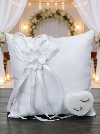 Wedding Ring Bearer Pillow, Ring Cushion White Lace Floral Bow And Heart Ring Holder Box For Wedding Ceremony Flower Girl