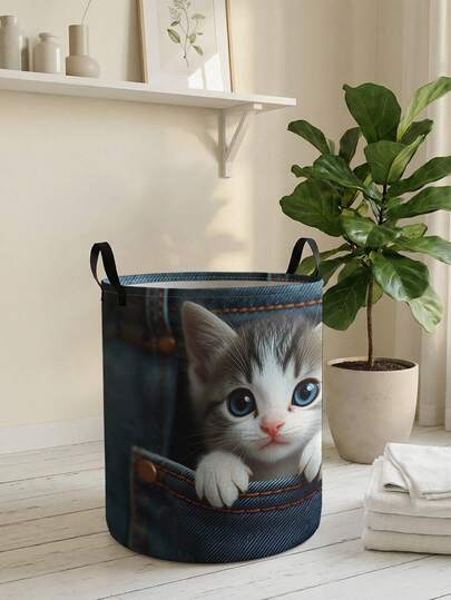 1pc Cartoon Cat Print Foldable Large Capacity Round Storage Basket With Handle, Multipurpose For Bathroom, Bedroom, Laundry, Toys, Clothes, Collapsible Storage Bin