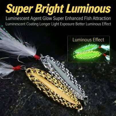 1 chiếc mồi câu cá hình thìa phát sáng bằng kim loại, trọng lượng 5-20g, dùng cho câu đêm, có kim sa và lông vũ, kèm lưỡi câu ba ngạnh.