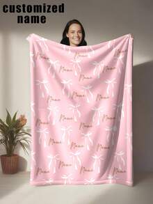 Customized Flannel Blanket With Printed Design Of A Teddy Bear Hugging A Bow Lying On Clouds And Moon, Dreamy Girly Style - Personalized Soft & Warm Digital Printing, Tear-Resistant, Machine Washable, Hypoallergenic, Versatile For Sofa, Bed, Travel, Camping, Living Room, Office - Multicolor - View 2