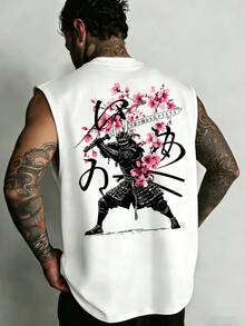 酷炫 | 日本武士美学与东方禅意印花男士背心，简约时尚休闲日常装 - 白色 - 查看 3