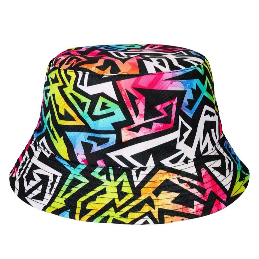 1pc Geometric Pattern Polyester Fiber (Polyester) Pure Metal UV Protection Bucket Hat, Reversible, Suitable For Festivals, Parties, Hip-Hop Style - A - View 1