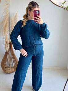 WOMEN'S WINTER MOUSSE KNITTING SET WITH PANTS AND BRAIDED BLOUSE - 綠色 - 查看 2