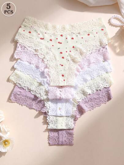 5 chiếc quần lót nữ gợi cảm phối ren, cạp thấp, không đường may, có gân, mềm mại, thoải mái và thoáng khí, thích hợp cho yoga, thể thao và mặc hàng ngày.