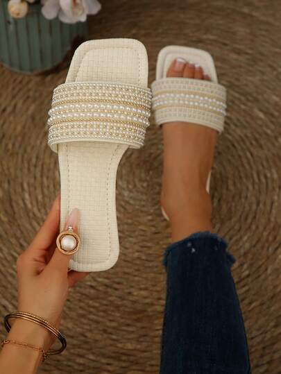 Women's Flat Sandals, Summer Pearl & Rhinestone Decorated, Solid Color Open Toe Snake Skin Pattern Fashion Casual Beach Slippers