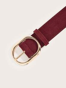 1pc Women's Luxury Elegant Burgundy Velvet Carved Golden Metal Buckle Belt, Versatile Accessory For Jeans, Suitable For Daily Wear - Burgundy Oval Buckle - View 3