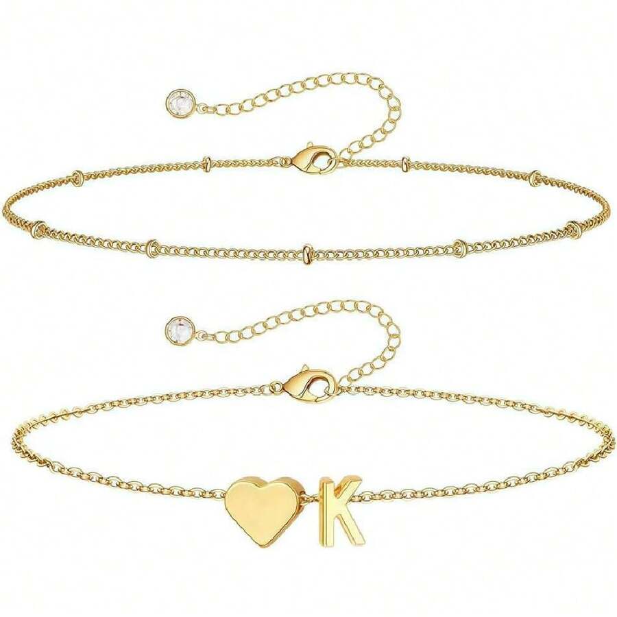 Set Of 1 Gold-Plated Stainless Steel Initial Letter Bracelet With Name Letter, 16 + 5 Cm Ankle, Love Heart Bracelets For Women And Ladies, 43441550 - 珊瑚粉 - 查看 1