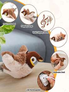 Electric Pet Toy, Interactive Kitten/Puppy Toy With Chirping Bird (Non-Flying), Realistic Sparrow Toy, USB Rechargeable, Waterproof & Bite-Resistant, 3 Speed Modes - Khaki - View 5