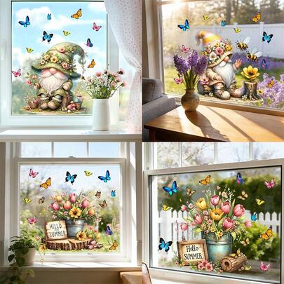 1pc Garden Dwarf Butterfly Flower Window Sticker, Removable Adhesive-Free Glass Sticker, Suitable For Living Room And Kitchen Home Decoration, Reusable Plant Wall Sticker.