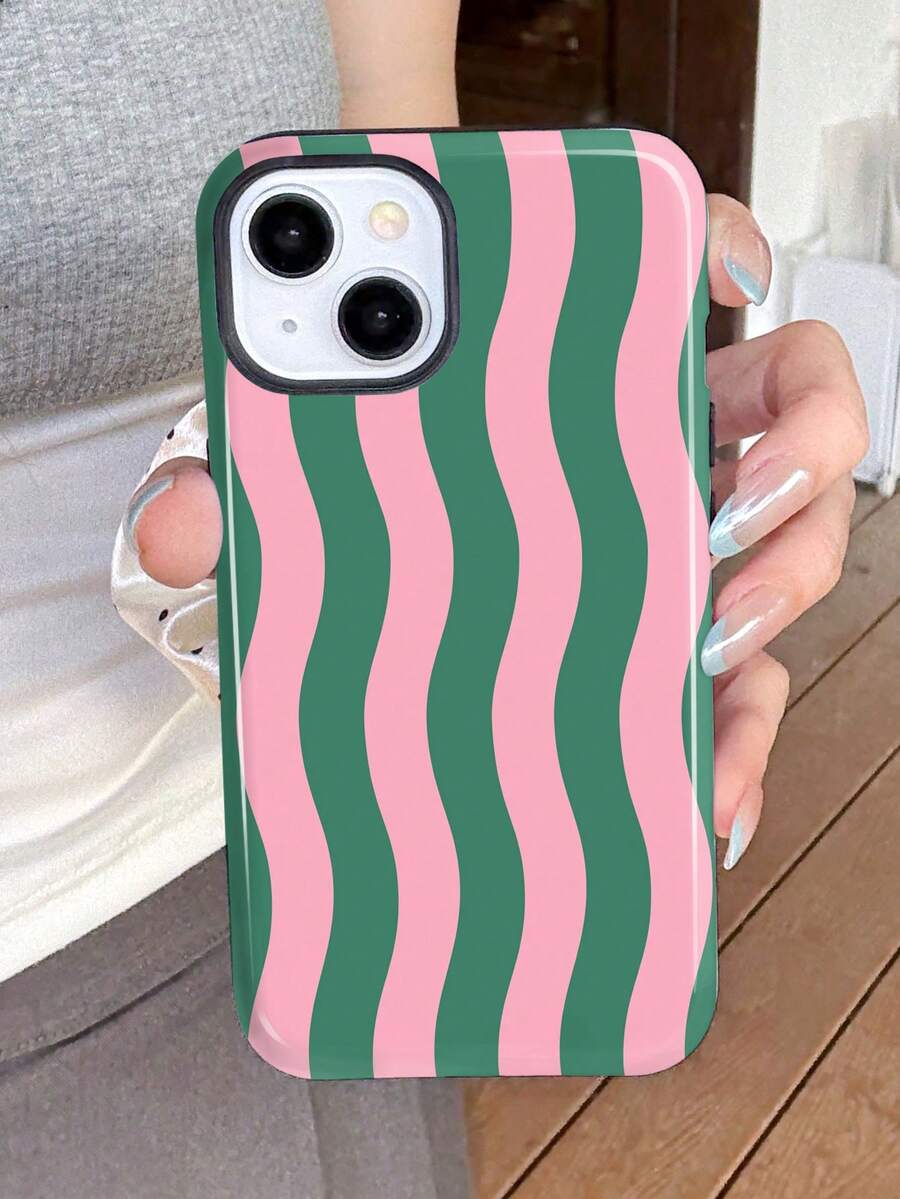 1pc Minimalist Fresh Wavy Striped Pattern Perforated Glossy 2-In-1 Filmic Phone Case Compatible With Samsung/ 11/12/13/14/15/16 Pro Max, International Version,  Not The Domestic Version - Multicolor - View 1