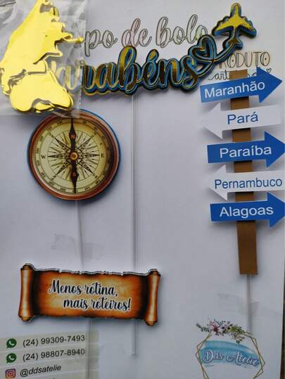 Topo de Bolo Férias 3D/ Topo de bolo viagem/Topo de Bolo volta ao Mundo 3D/Topo Viagem3D