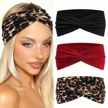 3 pièces Bandeaux croisés et noués de couleur unie pour femmes, accessoires capillaires d'été pour plage, vacances et voyages avec imprimés géométriques rayés colorés et léopard rétro - Multicolore - Voir 2