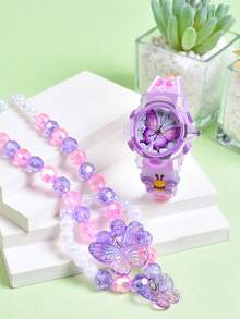 3件套女孩礼物 - 紫色卡通蝴蝶软硅胶夜光表带儿童模拟石英表，创意学生腕表，儿童项链手链公主首饰套装 - 紫色 - 查看 5