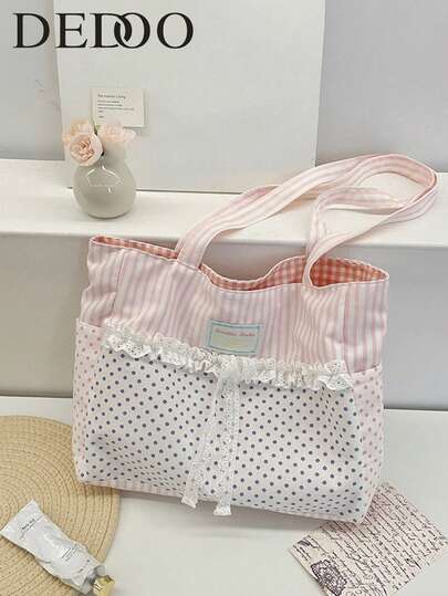 Dedoo Korean-Style Sweet Girl-Style Spliced Tote Bag, With Stripe And Polka Dot Patchwork, White Lace Trim At The Splicing, Contrasting Color Lightweight Student Book Bag, Large-Capacity Commuting Shopping Bag Shoulder Bag